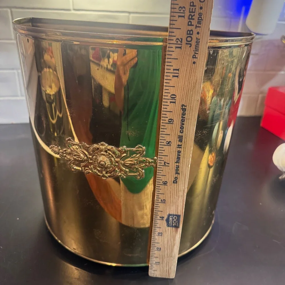Vintage Brass Wastebasket Trash Can Gold Half Moon Ornate Crest Detail 12in